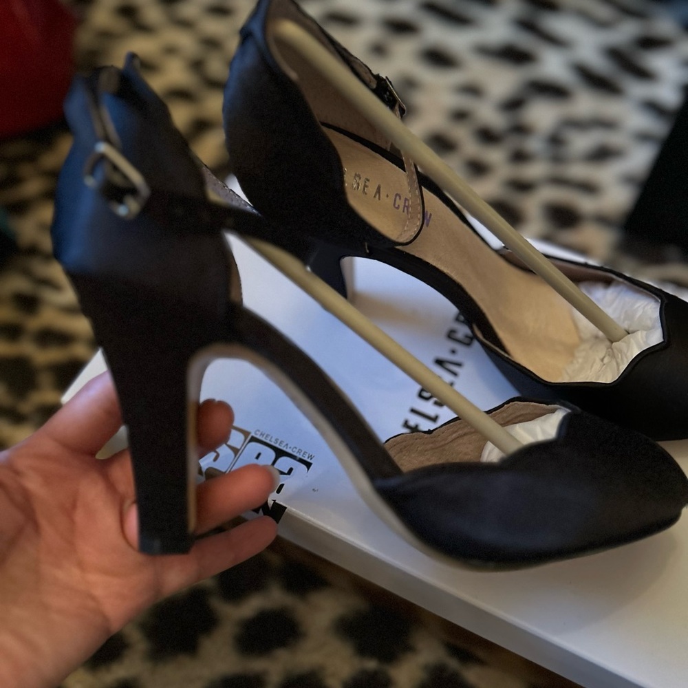 NIB Chelsea Crew Black Satin Heels